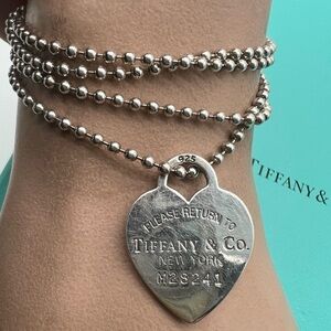 🔴Authentic TIFFANY&CO Silver LARGE RTT Heart Pendant Long Bead Chain Necklace🔴